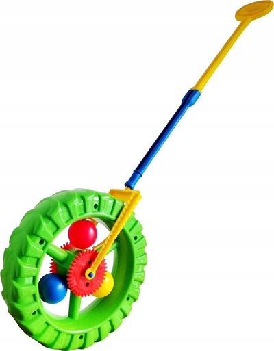 Lodër shtytëse me rrotë plastike, me dorezë të gjatë, me ngjyra të forta