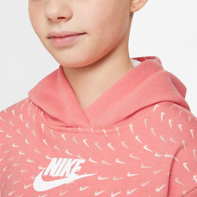 Дуксер со капуљача Најк Allover Print Fleece за девојчиња, со кенгур џеб, розов
