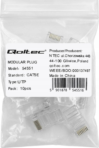 Konektorë modular RJ45 Qoltec CAT5e, UTP, pina me veshje ari, set me 10 copë