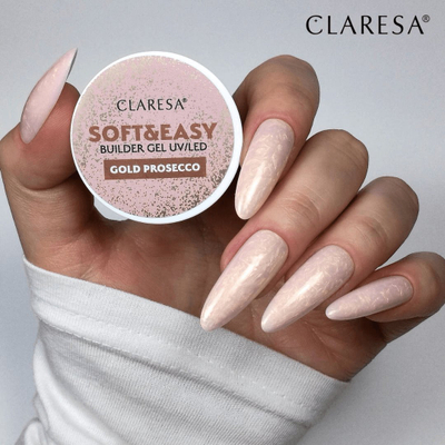 Xhel ndërtues për thonj Claresa Soft&amp;Easy Gold Prosecco, UV/LED, 90g, rozë me grimca ari