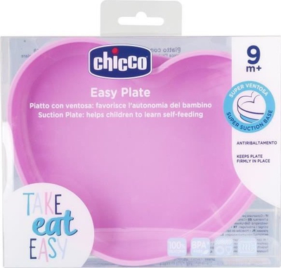 Pjatë zemër Chicco, silikon, me kupë thithëse, rozë
