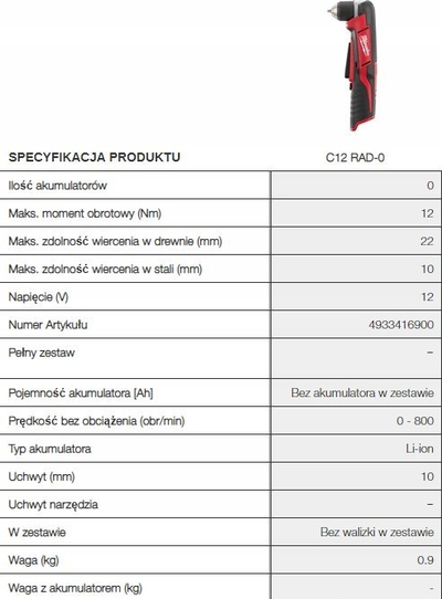 Kaçavidë këndore me bateri Milwaukee C12 RAD-0, 12V, mandrinë 10mm, e kuqe e zezë