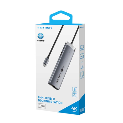 Dok USB C Vention 8 in 1, HDMI 4K, RJ45, gri