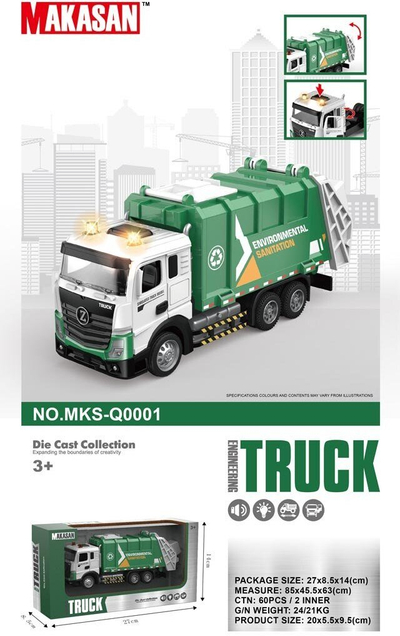 Kamion lodër mbeturinash Makasan MKS-Q0001, metal die-cast, me drita dhe zë, jeshil e bardhë