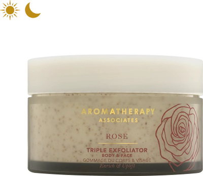 Skrab trupi dhe fytyre Aromatherapy Associates Rose Triple Exfoliator, vajra esencialë natyralë, 200 ml