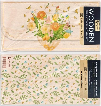 Zarf dhurate prej druri “Wooden Gift Envelope Bouquet”, motiv me buqetë, ngjyrë natyrale druri