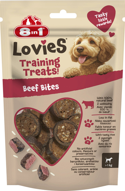 Shpërblime trajnimi për qen 8in1 Lovies Beef Bites, mish viçi, pak yndyrë, 90g