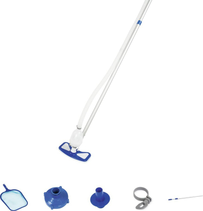 Set pastrimi pishine Bestway Flowclear AquaClean, shufër teleskopike 2.8 m, tub thithës me qese, blu e bardhë