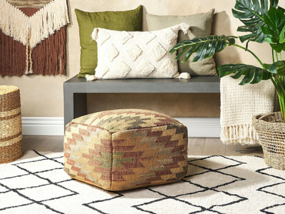 Tabure pouf katror Boho, jute dhe lesh, 50 x 50 x 30 cm, shumëngjyrësh