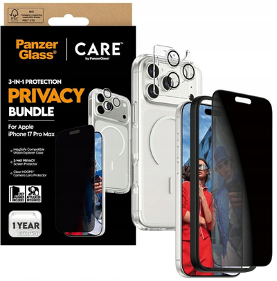 Set mbrojtës PanzerGlass CARE 3 në 1 për iPhone 17 Pro, mbrojtës ekrani privatësie, mbrojtje kamere