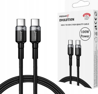 Kabllo karikimi Feegar Evolution USB C në USB C, 100W PD, 1m, e zezë