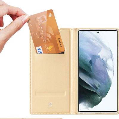 Këllëf me kapak Dux Ducis Skin Pro Samsung Galaxy S22 Ultra, lëkurë ekologjike, funksion mbajtëse, ngjyrë ari