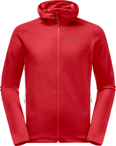 Флис блуза за мажи Jack Wolfskin Baiselberg, со капуљача, со целосен патент, црвена