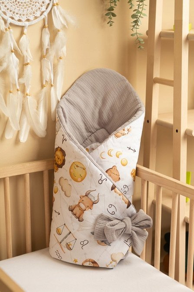 Mbështjellës bebe Baby Nest Cone Wrap Muslin Zodiac, 75x75 cm, gri