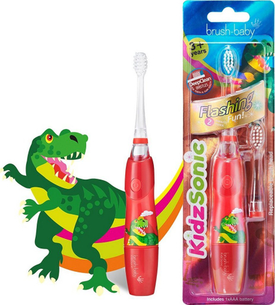 Furçë dhëmbësh sonike për fëmijë Brush-baby KidzSonic Dinosaur, 3+ vjeç, me timer 2 minuta, e kuqe