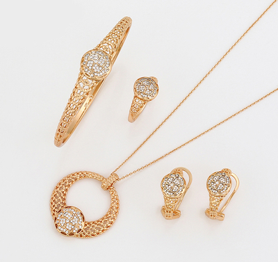 Set Xuping të praruara në ar - qafore + vathë + unazë + byzylyk, artë/bardhë, 16.10mm/#10