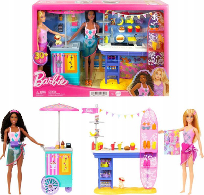 Set loje Barbie Beach Boardwalk, 2 kukulla Brooklyn dhe Malibu, 30 gjëra lojë, shumengjyrësh