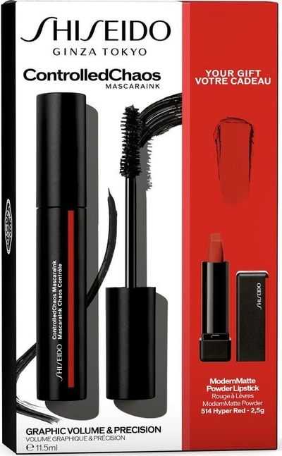 Set grimi Shiseido MascaraInk dhe Mini Modern Matte Lipstick, volumizues, mat, e zezë