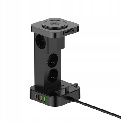 Stacion energjie Newell GaN Power Cube 8 në 1, 4 priza, USB A, USB C edhe karikues wireless 15W, i zi