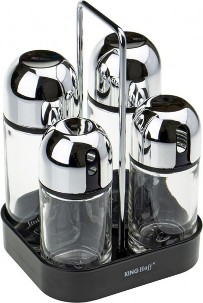 Set për erëza KingHoff KH-1647, raft qelqi, 4 copë, i argjendtë