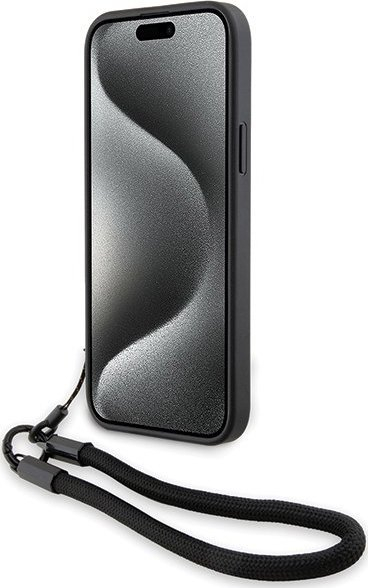 Mbulesë telefoni BMW Signature Leather Wordmark Cord për iPhone 15 Plus 14 Plus, lëkurë natyrale, me rrip dore, e zezë