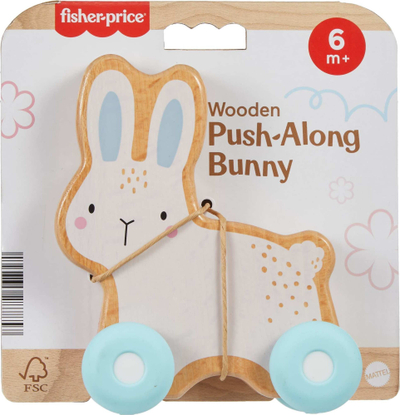 Lodër druri shtytëse Fisher-Price Push-Along Bunny, për foshnja 6+ muajsh, zhvillim motorik, shumëngjyrëshe