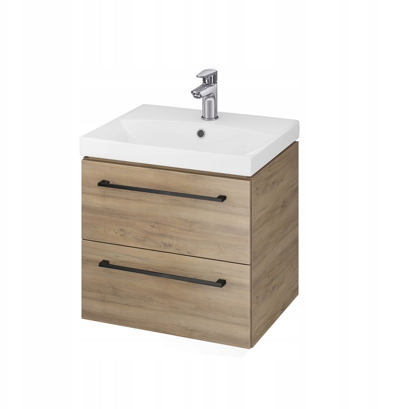 Dollap banjoje Cersanit GALA CITY, me lavaman 50 cm, 2 sirtarë, walnut me doreza të zeza