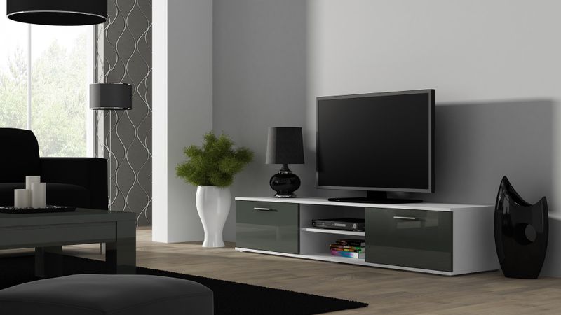Komodë TV Chest Bed Meble Soho 180, MDF dhe panel i laminuar, e bardhë gri me shkëlqim