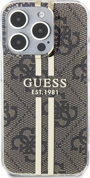 Këllëf mbrojtës Guess IML 4G Gold Stripe, për iPhone 15 Pro 6.1", i fortë, ngjyrë kafe