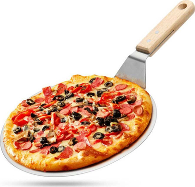 Set për pica Brunbeste 2935, lopatë çeliku inox 30 cm, prerëse picash me dorezë druri