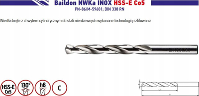Spiralë për metal Baildon NWKa INOX, 11.5mm, HSS E Co5, metalike