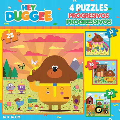 Puzzle për kalamaj Educa Hey Duggee, 4 puzzle, 12–25 copa, shumëngjyrëshe