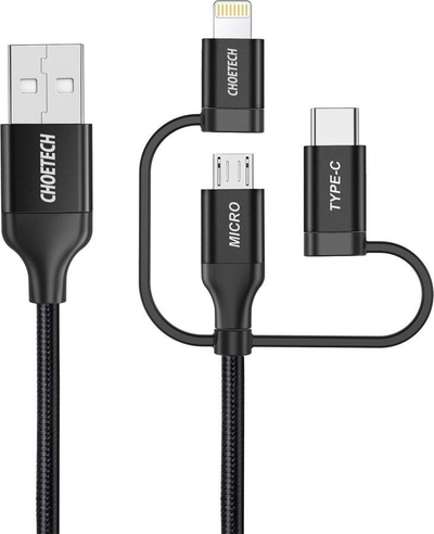 Kabllo USB Choetech IP0030, USB A në USB C microUSB Lightning, 1.2m, e zezë