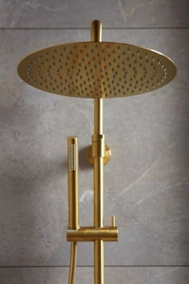 Set dushi KFA Moza Premium, kolonë dushi me termostat, PVD gold i furçuar