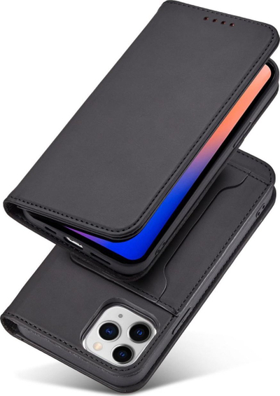 Këllëf telefoni Hurtel Magnet Card Case për iPhone 12 Pro Max, me portofol për karta, me qëndrim, i zi