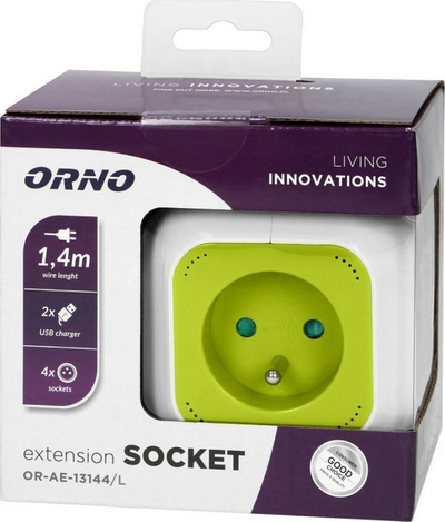 Zgjatës Cube 4 dalje me 2x USB, kabllo 1.4 m, lime