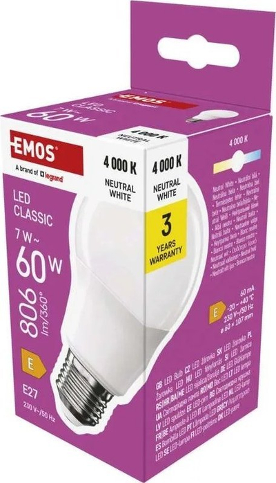 Llambë LED EMOS Classic A60, E27, 7W, e bardhë