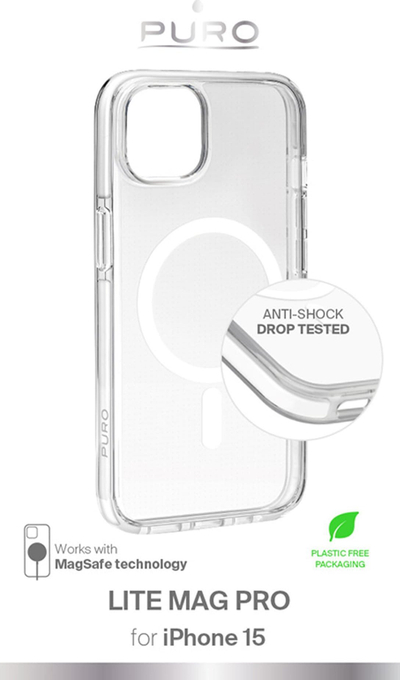 Kapotë mbrojtëse Puro LITE MAG PRO për iPhone 15, MagSafe, transparente