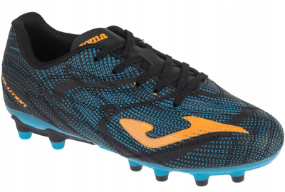 Këpuca futbolli për kalamaj Joma Evolution Jr 26 EVJS FG, për fushë me bar natyral, me lidhëse, të zeza me detaje blu e portokalli