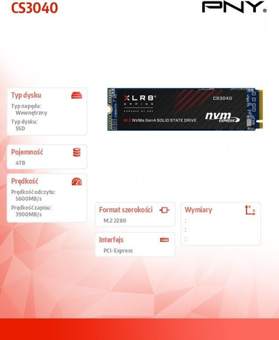 SSD M.2 PNY XLR8 CS3040, 4TB, PCIe 4.0 NVMe, ngjyrë e zezë