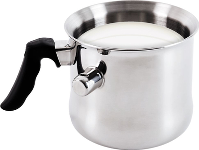 Tigan qumështi me mantel uji, universal për të gjitha sobat, çelik inox, argjendtë