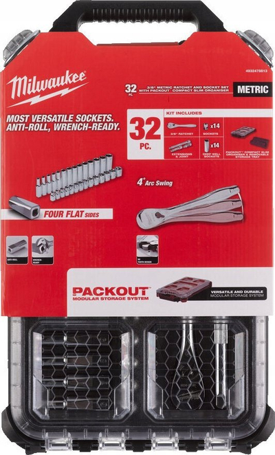 Set çelësa me goditje Milwaukee PACKOUT, 3/8", 32 copë, i zi
