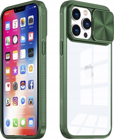 Kapak telefoni MX Camslider për iPhone 13 Pro 6.1", pjesa mbrapa transparente, mbrojtje kamere me slajder, jeshile
