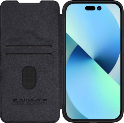 Kuti telefoni Nillkin Qin Pro për iPhone 15, lëkurë, me xhep kartash, e zezë