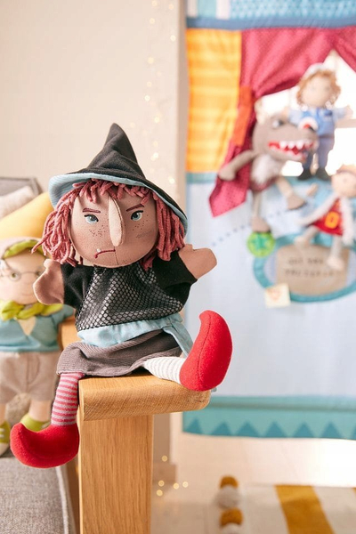 Kukull dore HABA Witch Hella, 35 cm, për teatër kukullash, shumëngjyrëshe