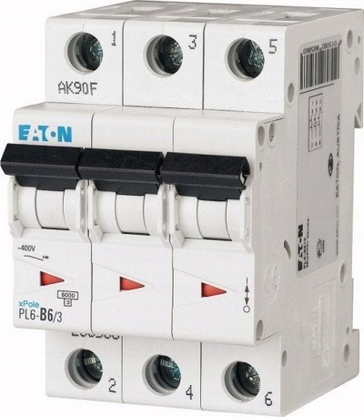 Ndërprerës automatik Eaton PL6 D6/3, 3P, 6A, 6 kA, i bardhë