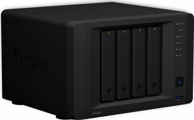 Regjistrues rrjeti Synology DVA3221, 4 slote HDD, AI video‑analizë, i zi