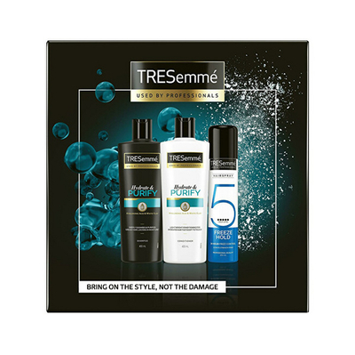 Set kujdesi për flokë të yndyrshëm TRESemmé- Shampo për flokë Purify & Hydrate 400 ml + Balsam Shampo për flokë Purify & Hydrate 400 ml + Llak 250 ml