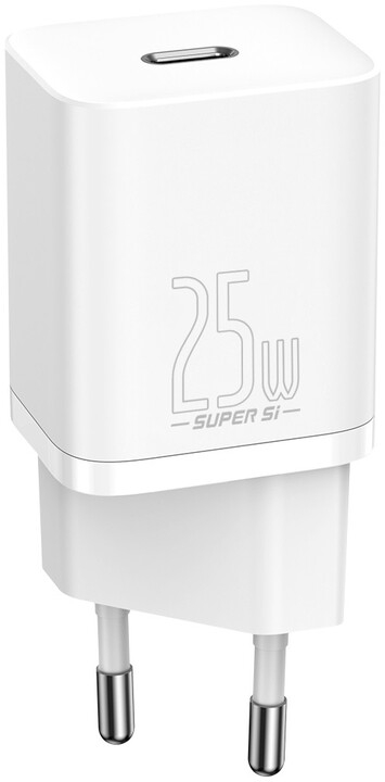 Karikues Baseus Super Si Quick 1C, USB-C, 25W, i bardhë + kabllo USB-C - USB-C, 3A, 1m, e bardhë
