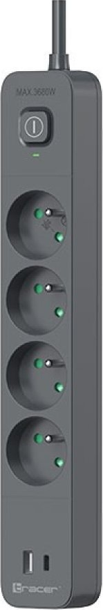 Shirit elektrik Tracer Power Line+, 4 priza, kabllo 1.5 m, 2x USB, i bardhë